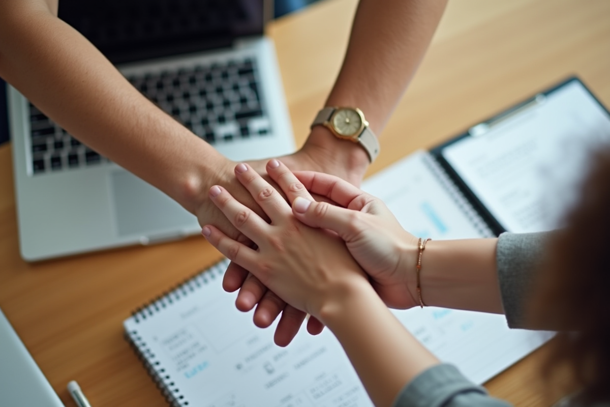 Trois mains d diverse personnes en collaboration