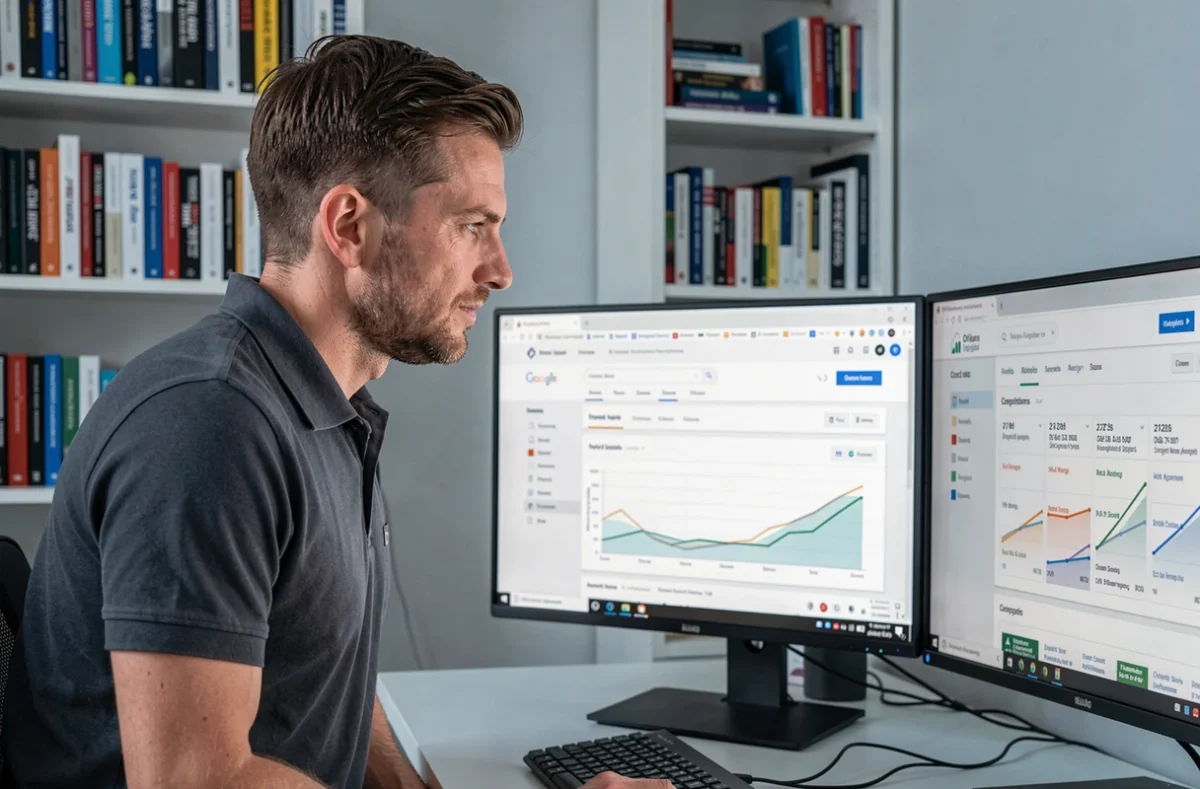 Spécialiste SEO de Mon Expert Digital à Orléans analysant des données de référencement local sur son écran