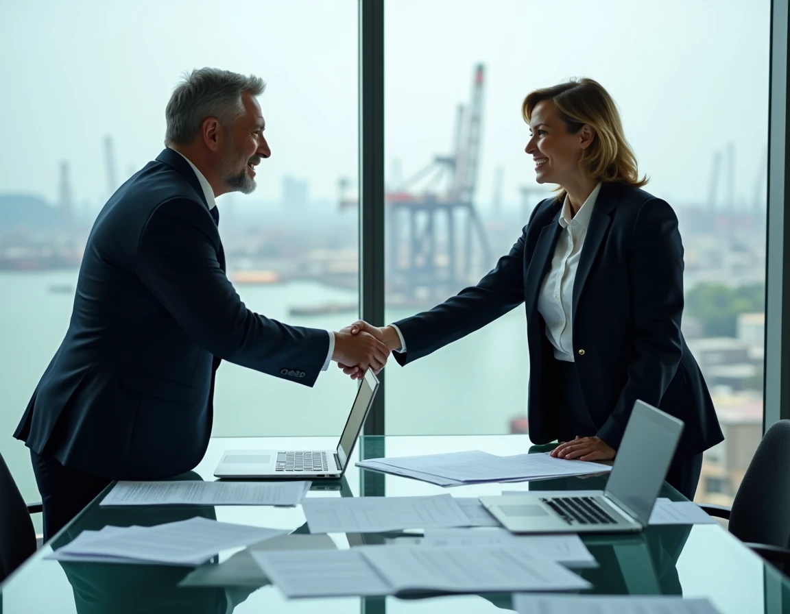 Deux professionnels signant un contrat commercial international basé sur l'Incoterm DDP dans une salle de réunion en hauteur