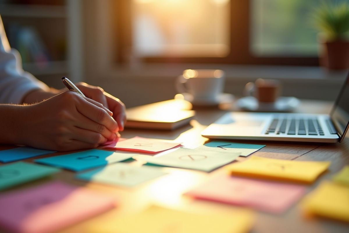 Personne concentrée organisant des notes colorées sur un bureau