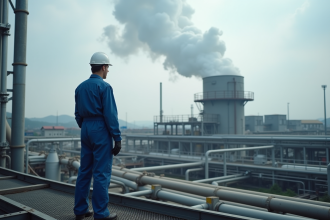 Ouvrier industriel devant cheminée en fumée dense