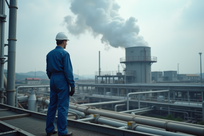 Ouvrier industriel devant cheminée en fumée dense