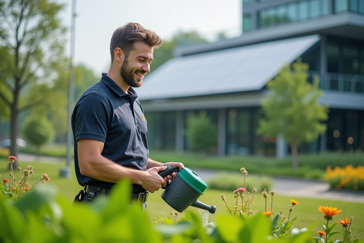 Jeune homme arrosant des plantes dans un environnement durable