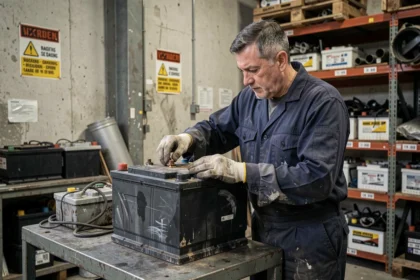 Ouvrier de recyclage automobile inspectant une batterie usagée dans un centre de traitement Derichebourg