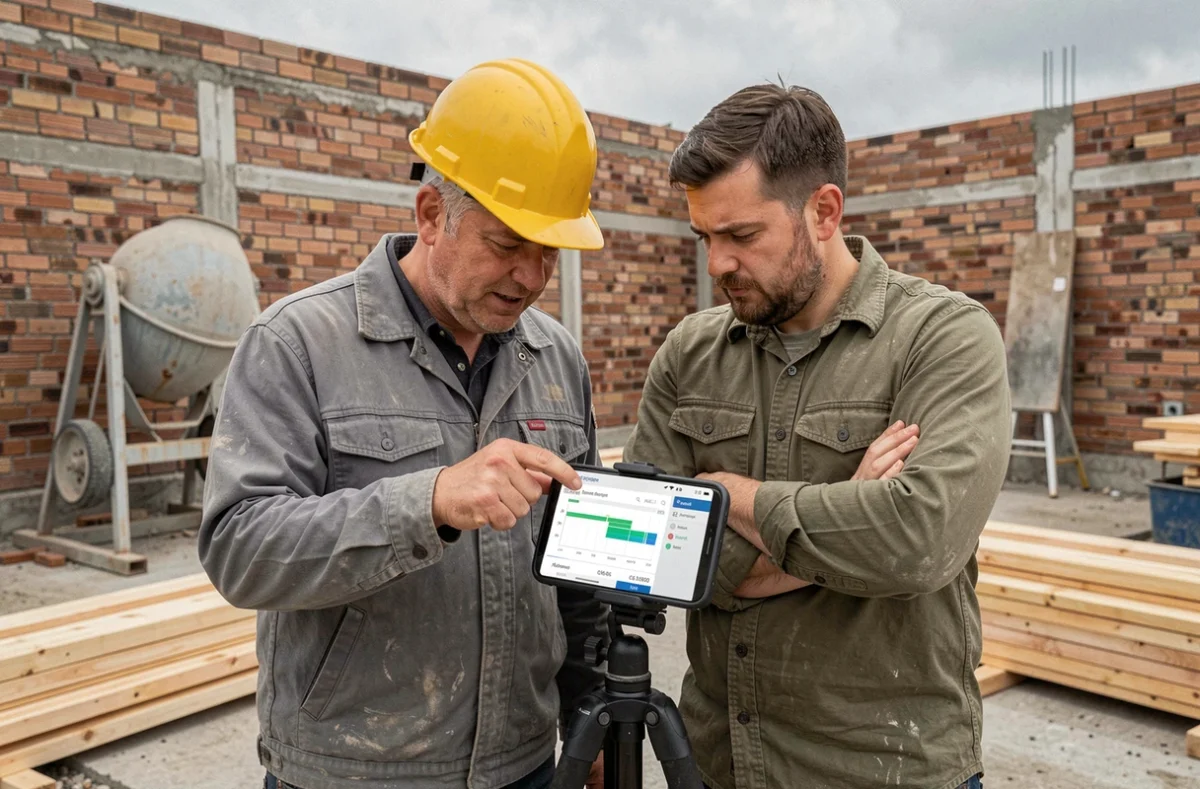 Deux ouvriers BTP consultant une application de gestion de chantier sur smartphone sur un chantier en cours