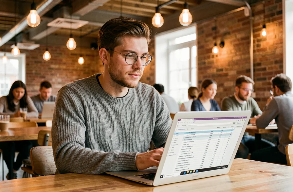 Paul Vengeon, consultant SEO indépendant, analysant des données de positionnement dans un espace de coworking du Calvados