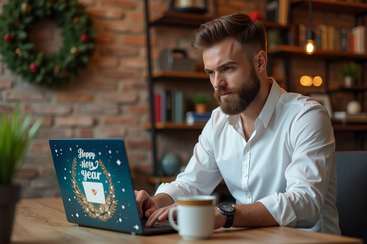 Homme d'affaires personnalisant des emails de vœux professionnels pour le Nouvel An sur son ordinateur portable