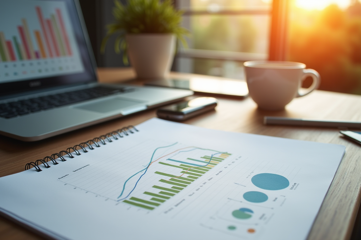 Plan marketing sur bureau avec ordinateur et cafe