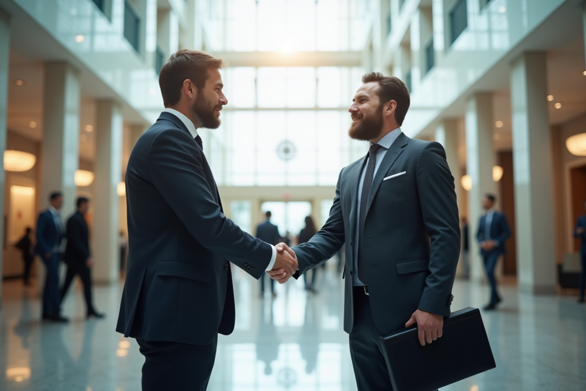 Deux professionnels se serrant la main dans un atrium lumineux