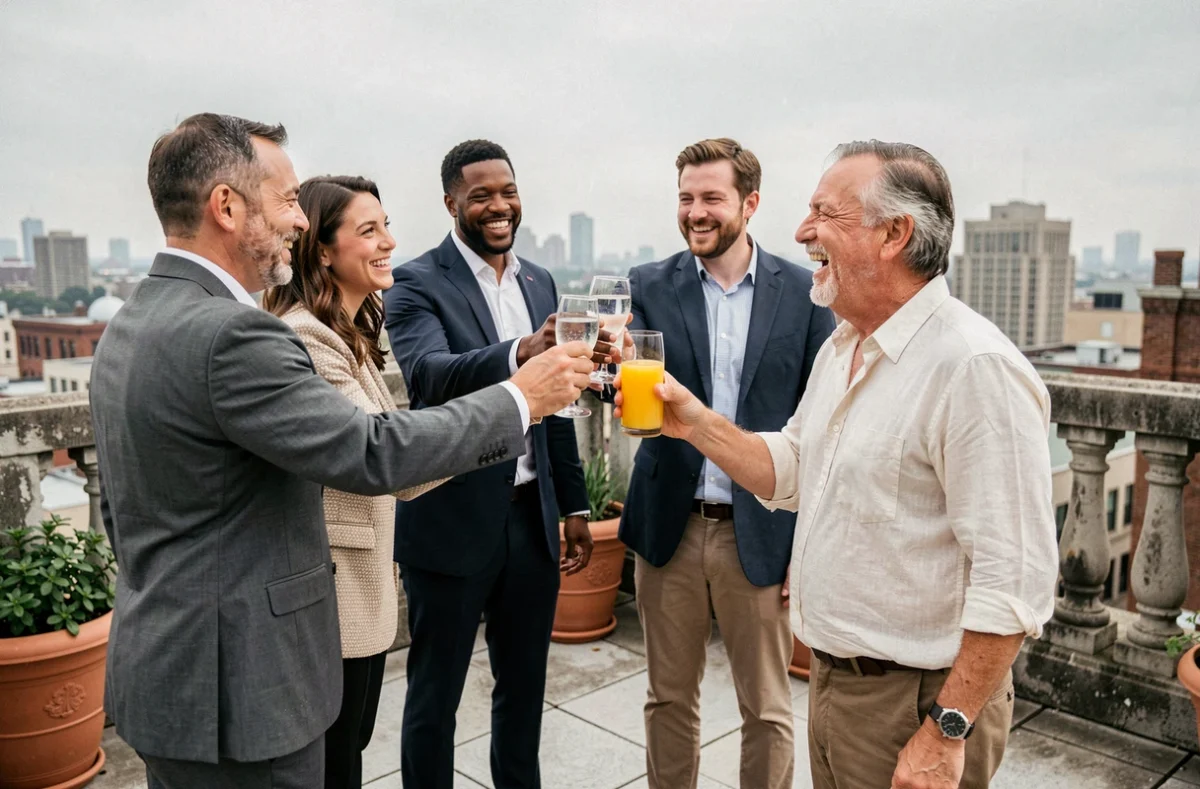 Collègues portant un toast en plein air lors d'un pot de départ à la retraite sur une terrasse urbaine