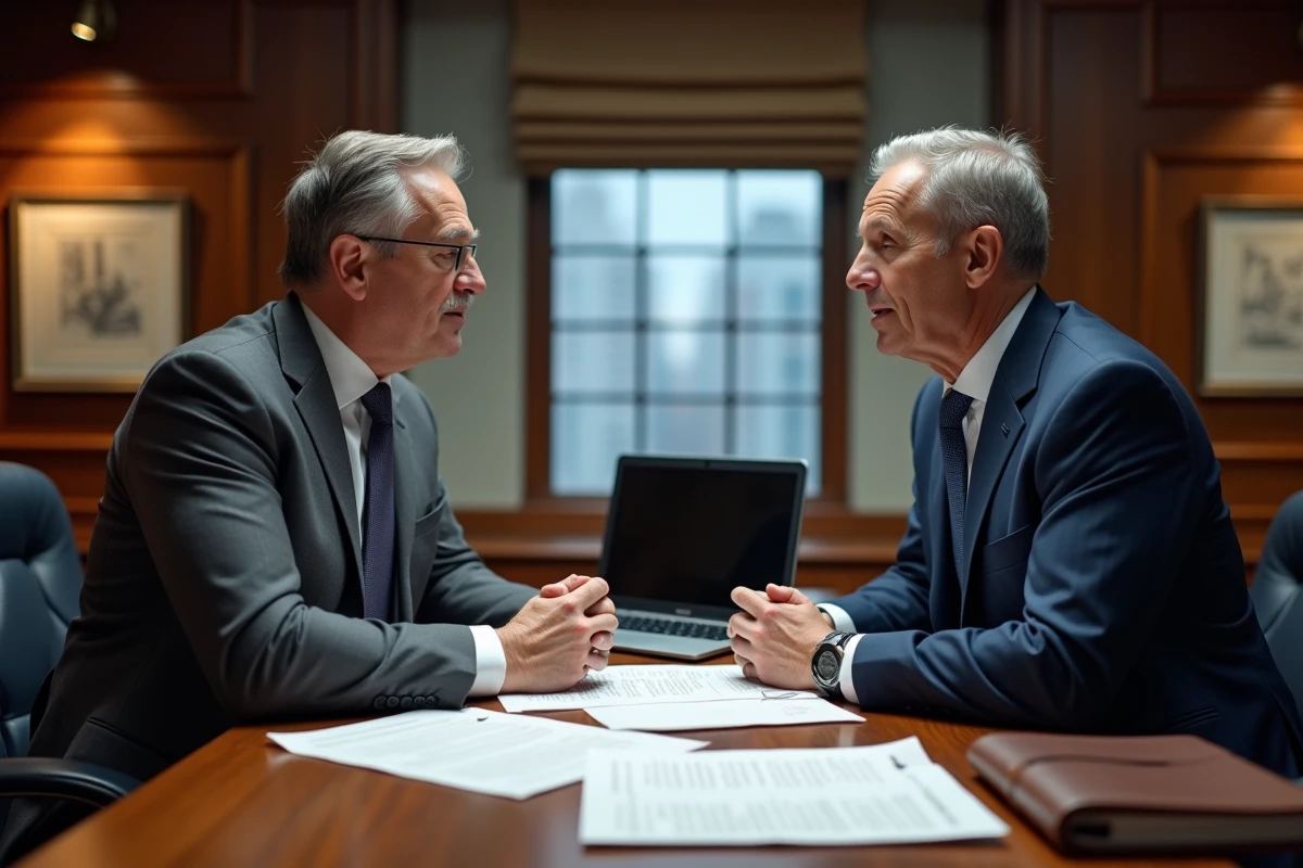 Deux dirigeants en discussion formelle autour de contrats dans un bureau exécutif privé, illustrant les négociations et décisions relevant des pouvoirs du président du directoire