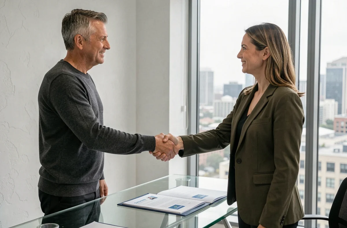 Entrepreneur et premier client signant un accord commercial dans un bureau minimaliste, symbolisant le passage de l'idée au premier client