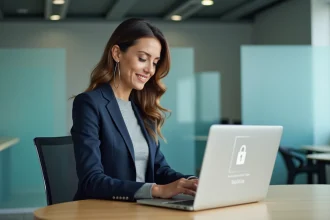 Employée connectée pour la première fois au comité d'entreprise GMF sur un ordinateur portable au bureau