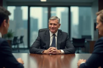 Président du directoire en réunion de conseil d'administration, assis en position d'autorité au bout d'une grande table de conférence dans un environnement corporate moderne
