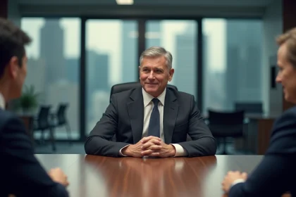 Président du directoire en réunion de conseil d'administration, assis en position d'autorité au bout d'une grande table de conférence dans un environnement corporate moderne