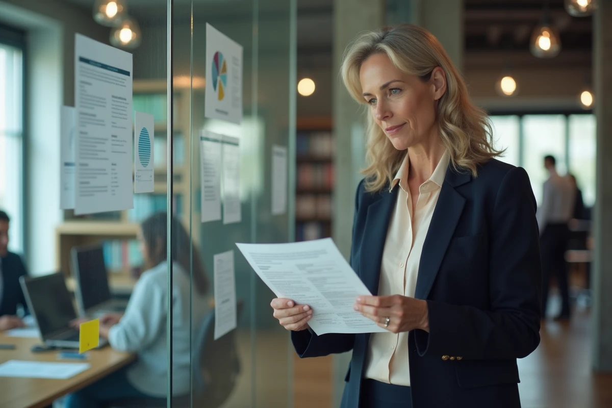 Femme présidente de directoire debout devant un mur de documents organisationnels dans un bureau exécutif, symbolisant l'étendue de ses pouvoirs de gestion