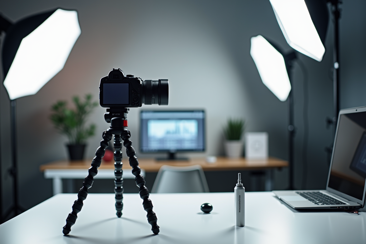 Caméra et éclairage pour filmer un produit sur bureau blanc