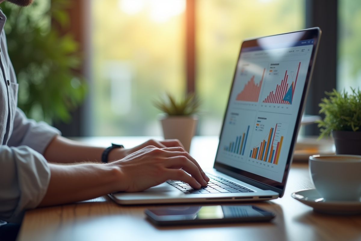Professionnel travaillant sur un bureau moderne avec graphiques marketing
