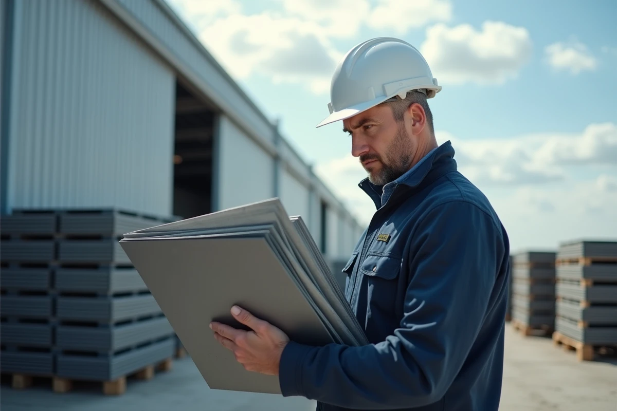 Hommes en construction examinant une plaque de métal