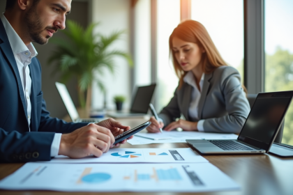 Professionnel financier analysant des documents dans un bureau calme