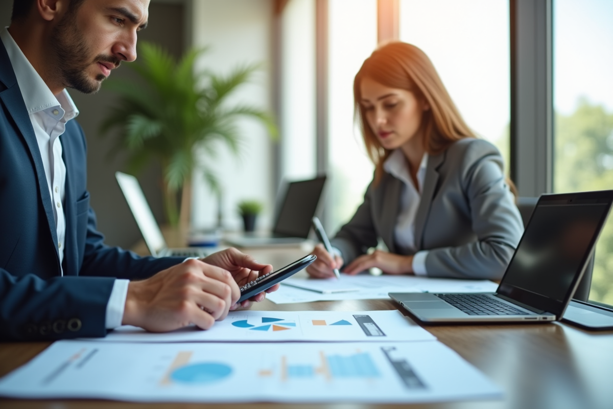 Professionnel financier analysant des documents dans un bureau calme