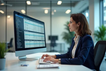 Professionnelle consultant les données d'entreprises sur l'INPI depuis son bureau pour optimiser sa prospection commerciale
