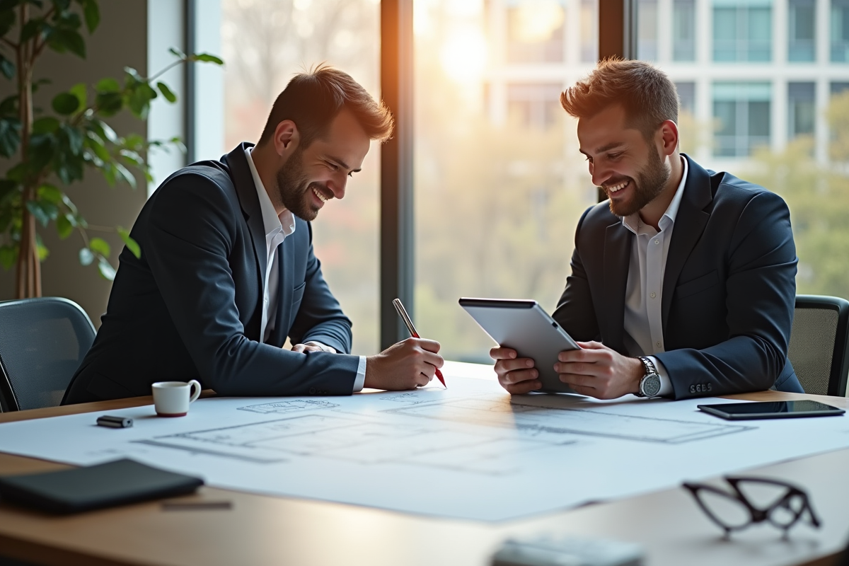 Deux professionnels dans un bureau moderne avec plans architecturaux