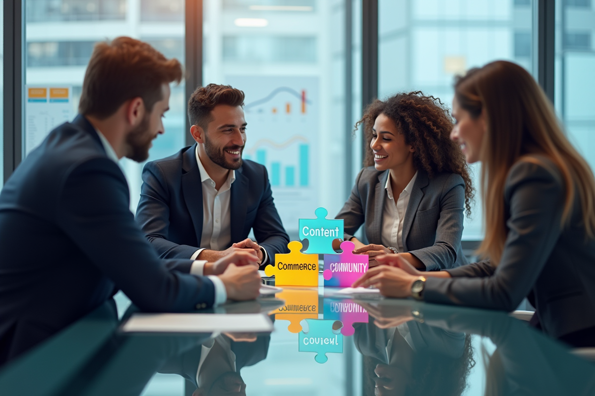 Quatre professionnels collaborent autour d'une table moderne avec des pièces colorées