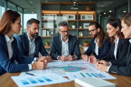 Groupe de professionnels discutant de rapports économiques