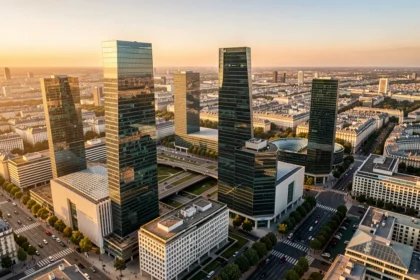 Quartier d'affaires de La Défense au coucher du soleil