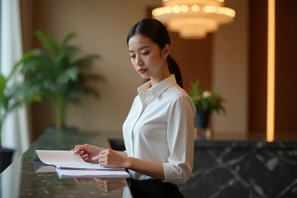 Réceptionniste d'hôtel en uniforme blanc examinant des documents au comptoir en marbre d'un lobby luxueux