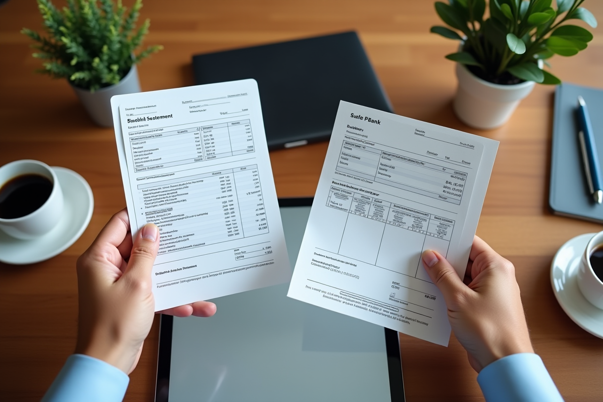 Deux mains manipulant relevé bancaire et chéquier sur table en lumière