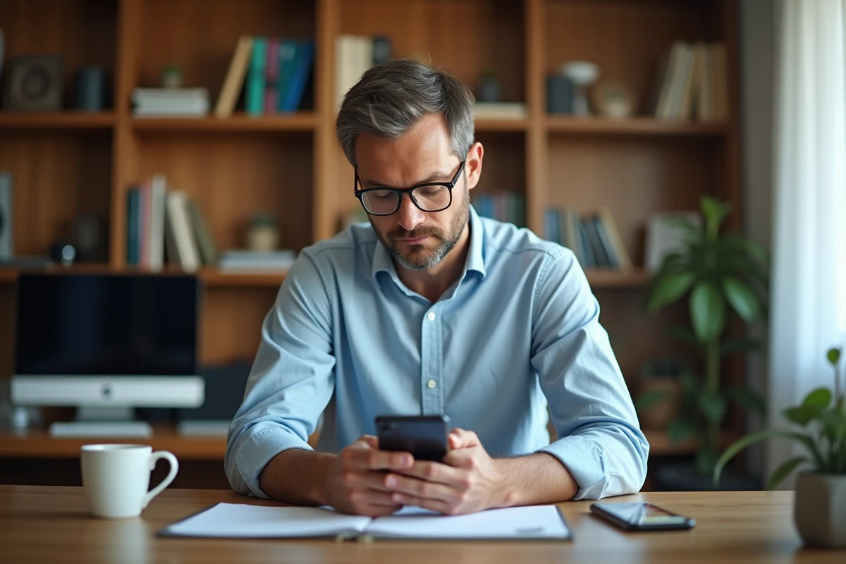 Homme réinitialisant l'accès à son compte CSE depuis son bureau à domicile avec un smartphone