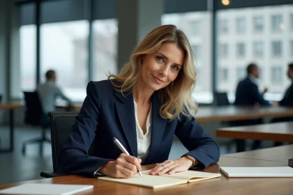 Femme professionnelle rédigeant des vœux personnalisés de Nouvel An pour ses clients dans un bureau moderne