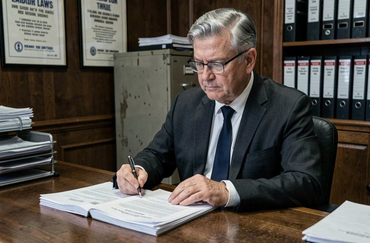 Représentant syndical examinant des documents officiels dans un bureau traditionnel, symbole des enjeux de la profession intermédiaire