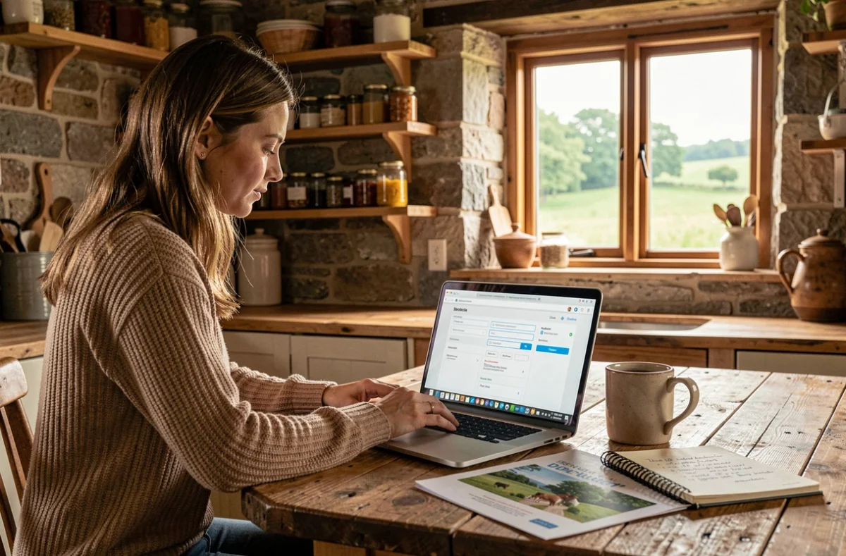 Femme réservant en ligne une visite de groupe à la Ferme du Fays depuis une cuisine en pierre rustique