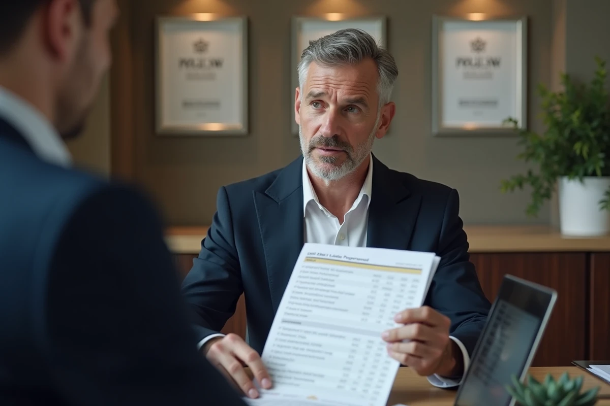 Responsable hôtelier en blazer marine analysant un document de salaire lors d'un entretien professionnel