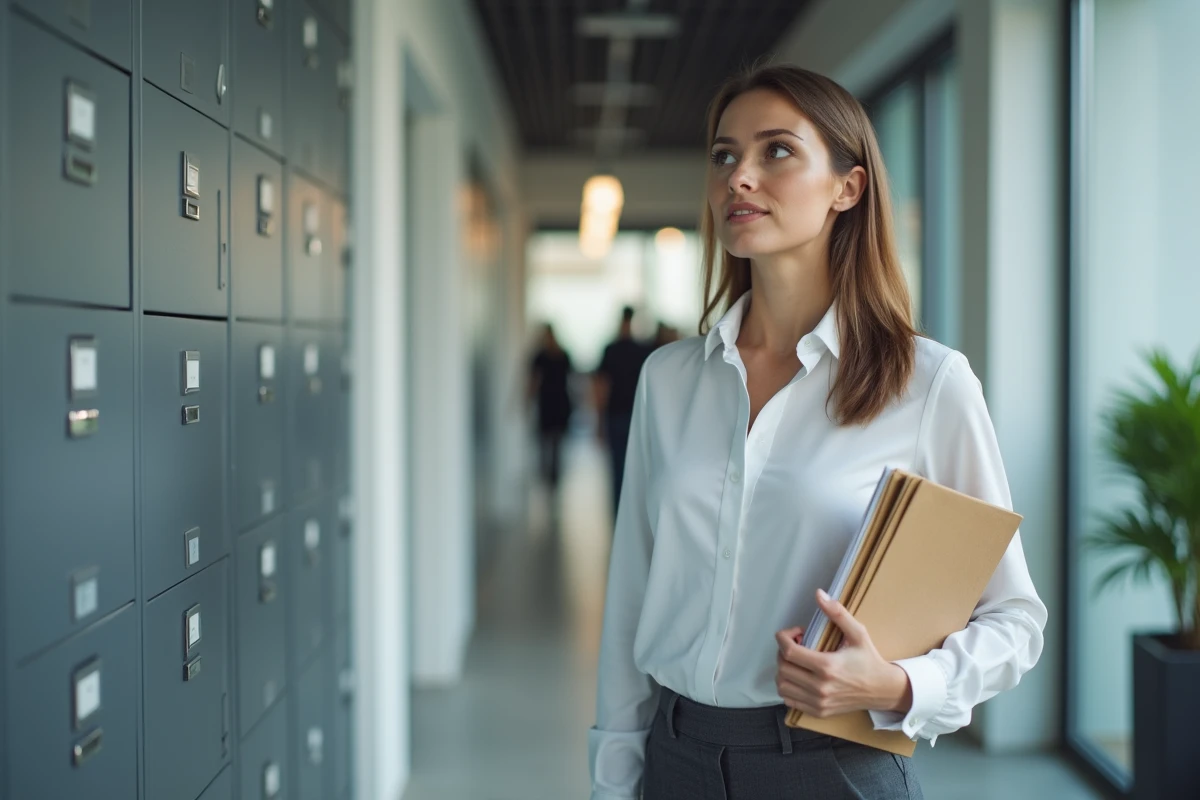 Responsable RH tenant un dossier de rupture de contrat d'apprentissage dans le couloir d'une entreprise