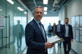 Responsable sécurité en costume dans un bureau moderne