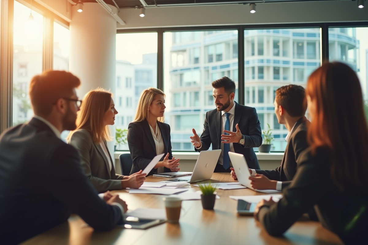 Réunion d'affaires dans un bureau lumineux avec un manager et équipe