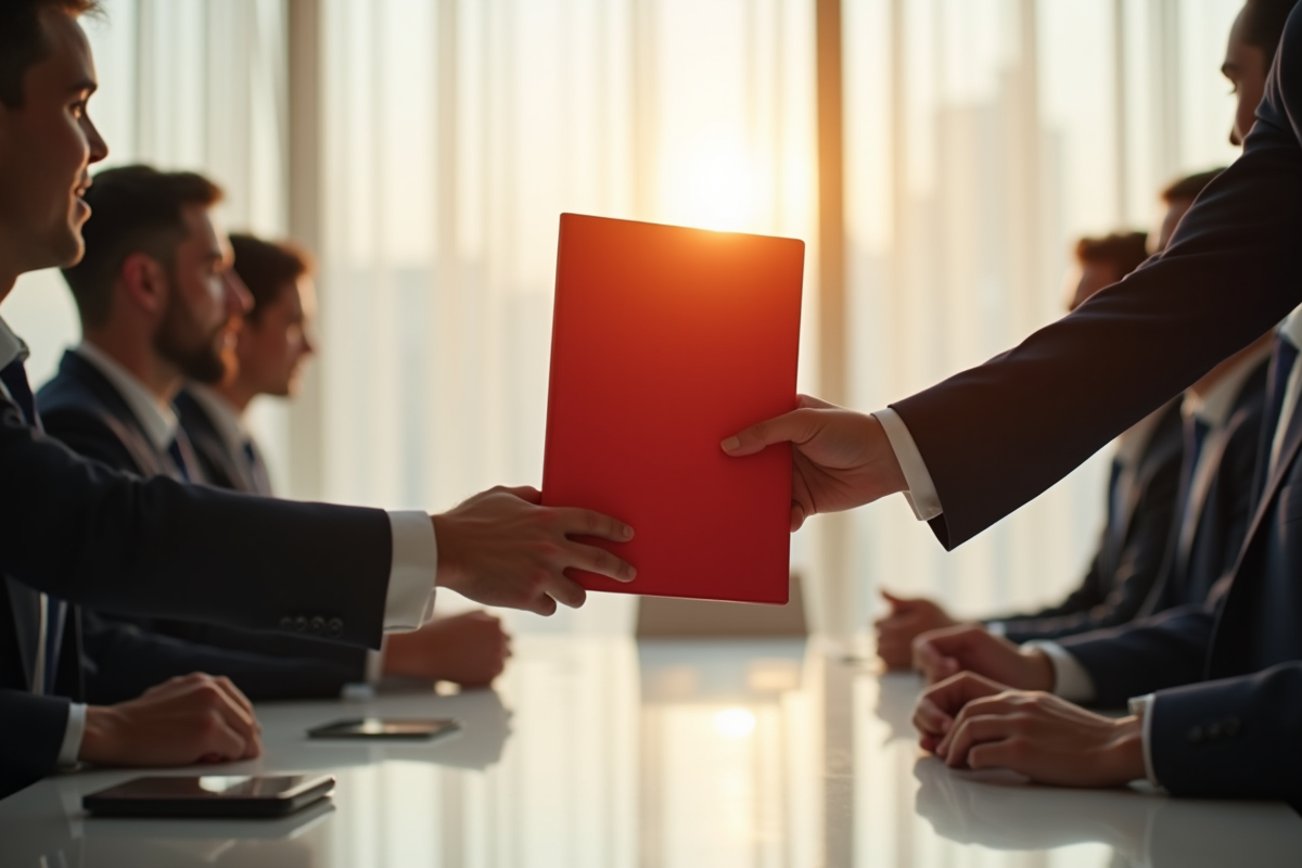 Groupe de professionnels en réunion avec un dossier rouge unique