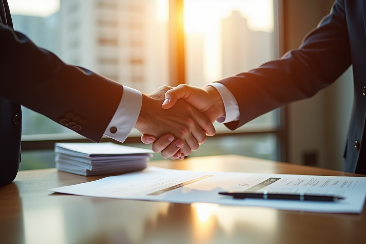 Deux personnes se serrant la main avec contrat et devis