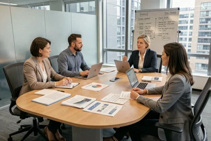 Réunion de représentants du personnel autour d'une table de conférence moderne pour discuter de la nouvelle organisation du CSE2 RATP
