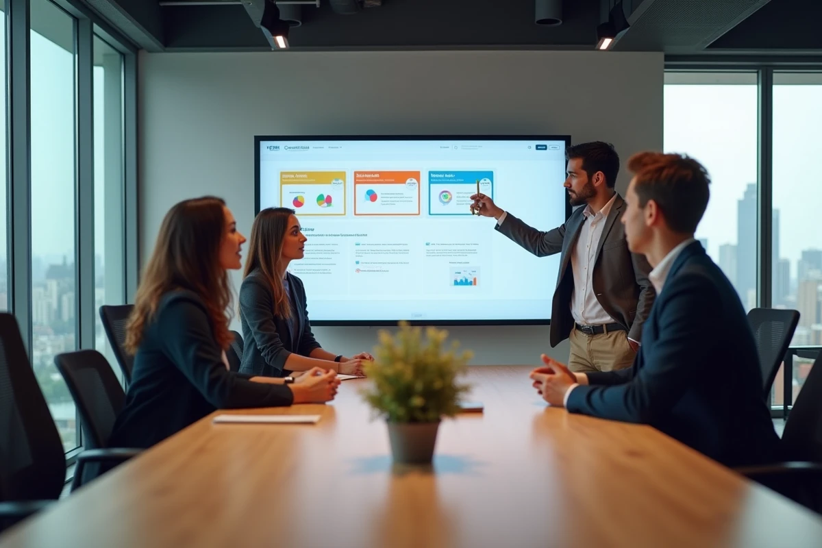 Équipe en réunion autour d'un tableau interactif affichant une plateforme collaborative de boîte à idées en entreprise