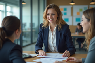 Femme en blazer navy lors d'une réunion professionnelle