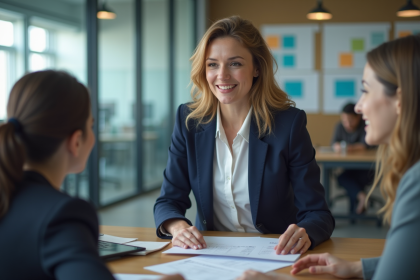Femme en blazer navy lors d'une réunion professionnelle