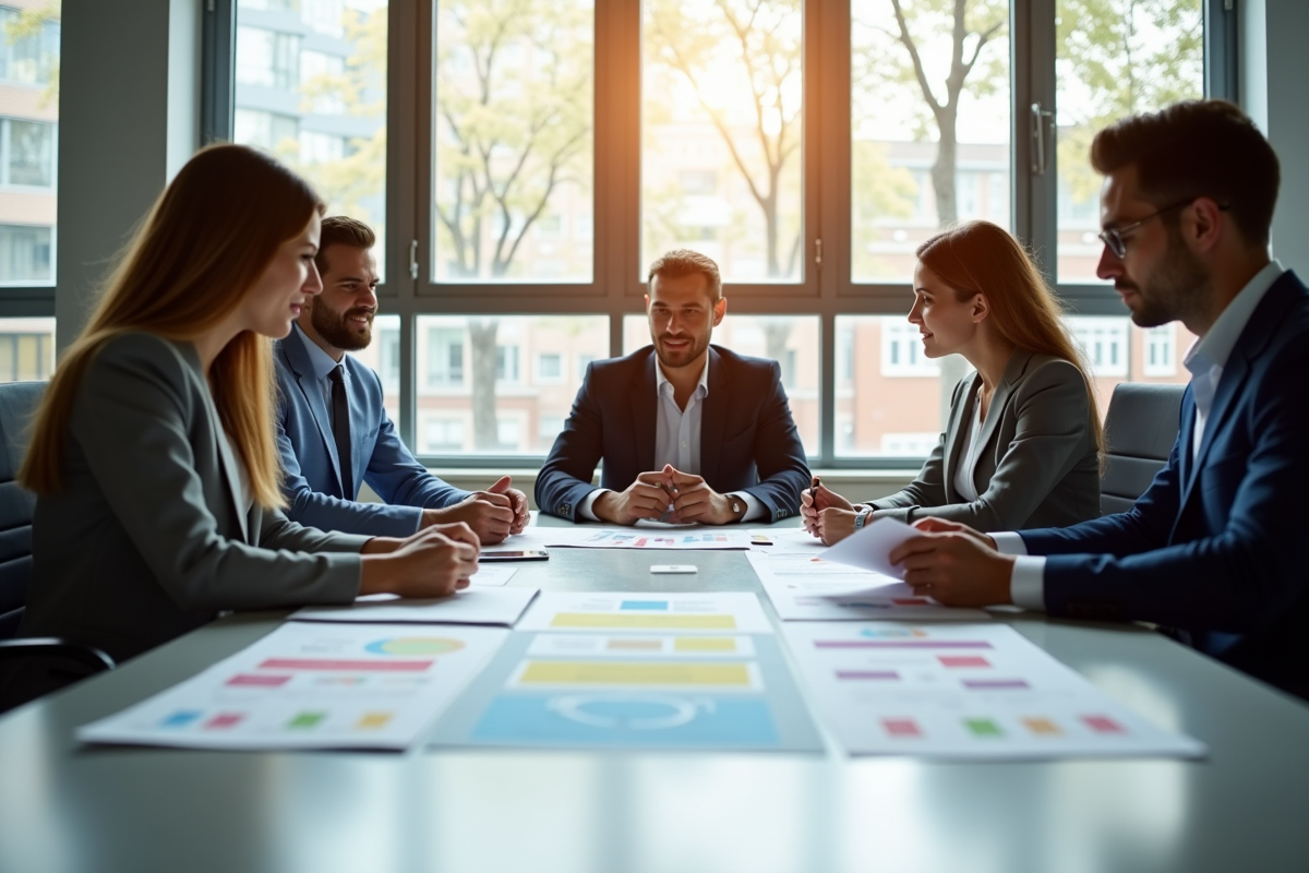 Groupe de professionnels autour d'une table moderne en réunion ressources humaines