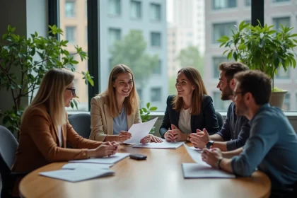 Groupe de coll&egrave;gues discutant d'un rapport de durabilite
