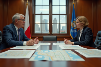 Discussion entre deux personnes en réunion officielle avec plans urbains