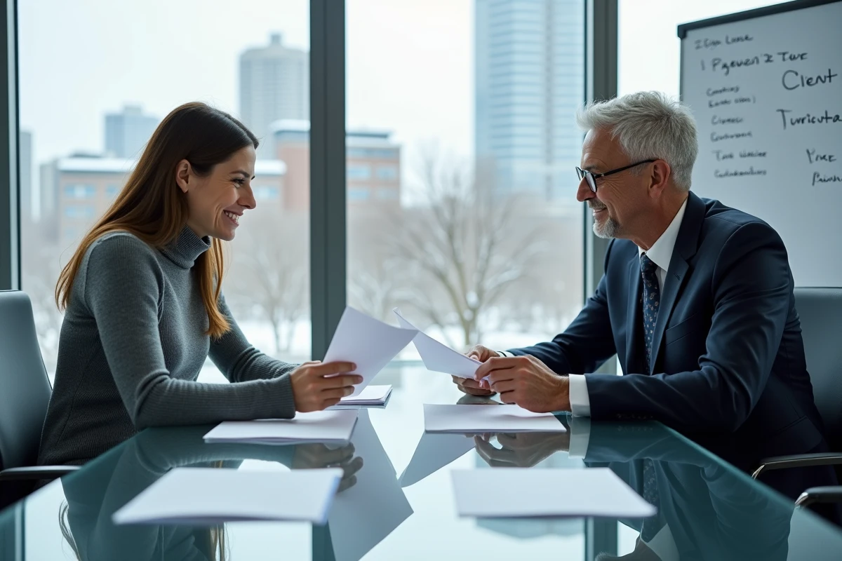 Deux professionnels en réunion discutant de la personnalisation des vœux de Nouvel An pour leurs clients